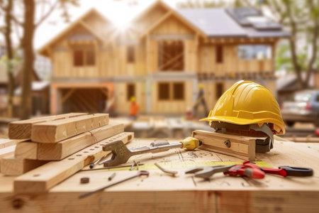 Builder handyman with construction tools in front of house renovation backgroundの写真素材