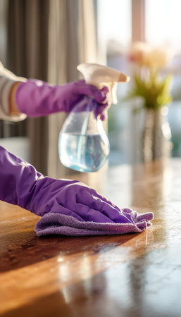 A person scrubs a polished wooden surface with a vibrant purple cloth, applying a spray to remove...