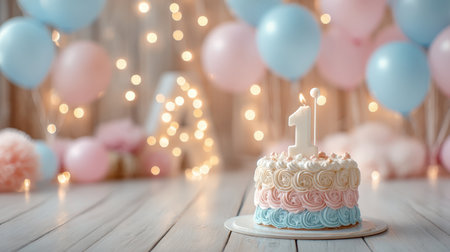 Cheerful table scene featuring a layered cake adorned with a first-year candle, colorful balloons, twinkling fairy lights, and festive decorations creの写真素材