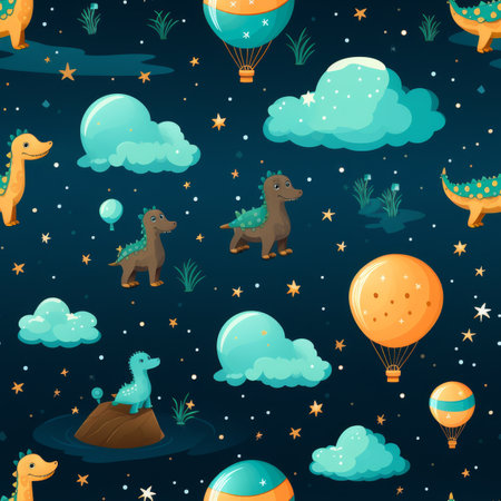 Cute childrens seamless pattern with hand-drawn dinosaurs, air balloons, stars, and cloudsの写真素材