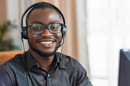 Efficient customer service representative with a proud smile adeptly managing phone callsのeditorial素材