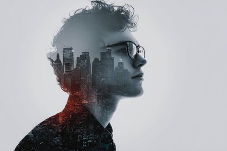 A contemplative young man with glasses is blended seamlessly with a vibrant urban cityscape, evoking...