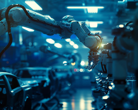 Modern robot arms in the automotive industry showcasing innovative technology in futuristic factoryの写真素材