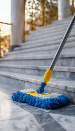 A person shining a polished marble staircase outdoors, rays of sunlight highlighting the glossy surface as they wipe with a mop in a bright, invitingの写真素材