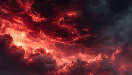 An intense night sky reveals swirling crimson and shadowy clouds illuminated by jagged lightning, creating a powerful, moody atmosphere.の写真素材