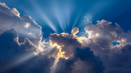 Bright sunbeams pierce a tumultuous sky filled with dark, swirling clouds against a striking azure...