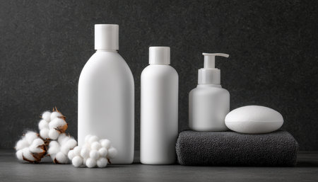 Elegant assortment of sleek white skincare containers and a bar of soap, arranged on a contrasting dark surface for a luxurious, modern presentation.の写真素材