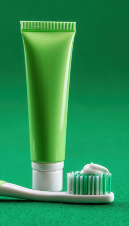 A vibrant green dental care set featuring a toothpaste tube, a toothbrush, and a dab of dental cream against a matching green backdrop, evoking freshnの写真素材