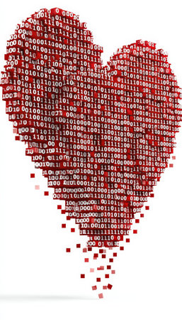 A luminous red heart made of flowing lines and cascading binary digits, symbolizing the fusion of affection and digital innovation in a futuristic styの写真素材