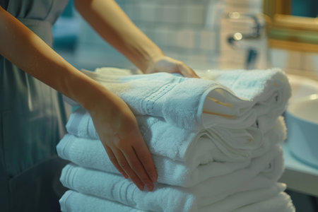 Professional housekeeping chambermaid arranging fresh towels in high quality hotel room close upの写真素材