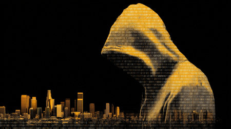 A professional in a hoodie interacts with a glowing digital map layered over city reflections,...