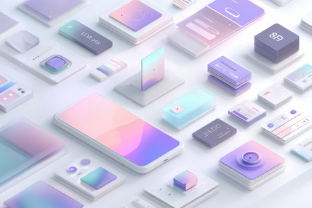 Sleek smartphones with holographic displays and seamless digital overlays glow in soft pastel hues, evoking a modern, innovative tech environmentの写真素材