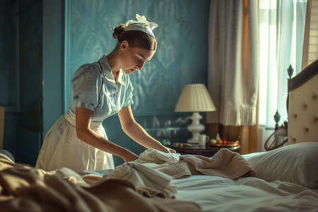 Professional maid providing hotel room service by changing bed linens for a fresh and welcoming stayの写真素材