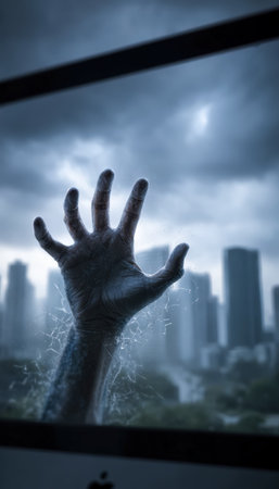 A solitary hand extends upward through a rain-streaked window, contrasted against swirling storm clouds and shadowy urban skyscrapers behind.のeditorial素材