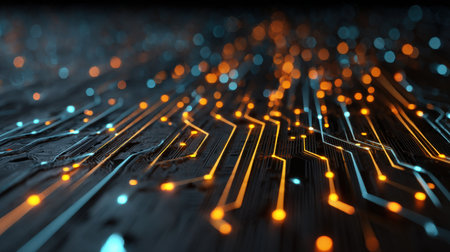 A sleek, high-tech circuit panel featuring vibrant orange and blue illuminated pathways, representing data flow and digital connectivity in a futuristの写真素材