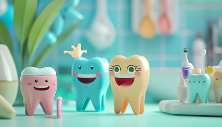 Happy dental cartoon characters encouraging dental care on blurred background with copy space