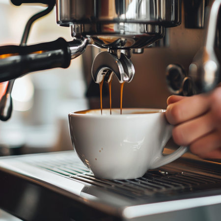 Barista meticulously crafting espresso in coffee machine, close up on soft white background