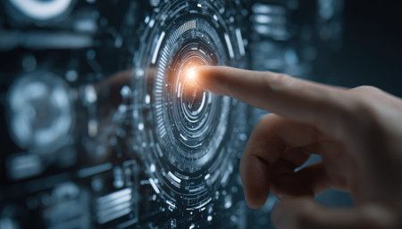 A human hand interacts with a high-tech holographic display, illuminating the surrounding space with...