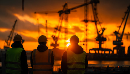 Team of laborers dressed in safety gear gaze contemplatively at the evening sky, silhouetted against the glowing horizon at a massive offshore platforの写真素材