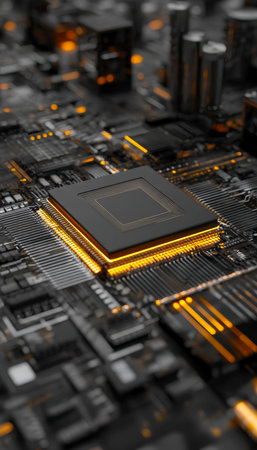A detailed macro shot highlighting a sleek processor nestled among a vibrant circuit board with...