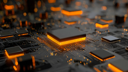 A detailed view of a gaming motherboard glowing with vibrant LEDs, showing intricate circuits and...