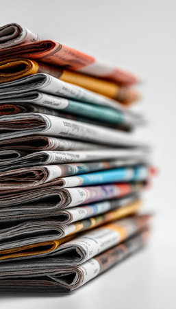 Vibrant, neatly folded newspapers arranged in a layered fan on a clean white surface, evoking freshness and the appeal of diverse news stories.の写真素材