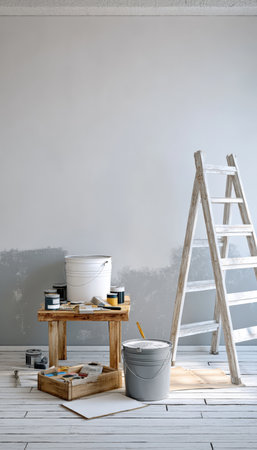 A scene with a metal ladder, vibrant paint containers, and renovation tools scattered across a partially renovated room, evoking a sense of ongoing hoの写真素材