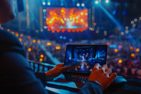 Professional using laptop for online streaming of videos, live events, concerts, and tutorialsの写真素材