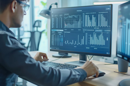 Businessman analyzing data for performance metrics and kpi reporting in database systemの写真素材