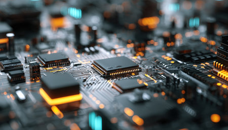 A detailed view of a sleek, high-tech circuit with glowing lights and intricate microchip patterns, symbolizing innovation and digital connectivity.の写真素材