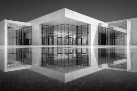 A sleek, contemporary structure with expansive glass walls mirrors its environment, creating a harmonious blend of architecture and nature on the wateの写真素材