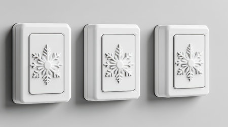 Elegant white toggle switches featuring intricate snowflake patterns, set against a neutral gray backdrop, perfect for winter-themed decor or design pの写真素材