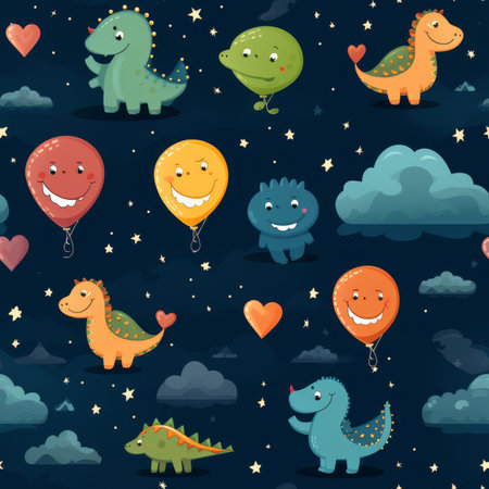 Adorable kids dinosaur themed pattern with flying dinosaurs on balloons, stars, and cloudsの写真素材