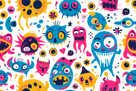 Colorful zombie faces on white, halloween vector with pink, blue, yellow for fabric, wallpaperの写真素材
