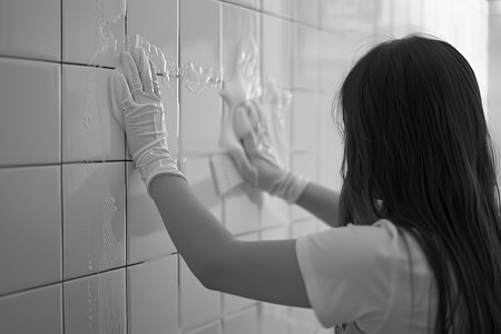 Woman in rubber gloves cleaning light ashy tiled wall in bright room, domestic cleaning conceptの写真素材