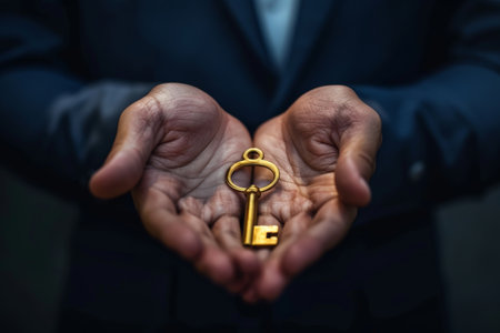 Businessman holding gold key symbolizing success in superannuation planning and financial securityの写真素材