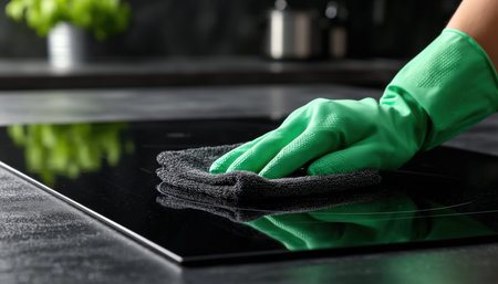 A person wearing a vibrant green cleaning glove peers over a shiny, spotless glass cooktop, wiping...