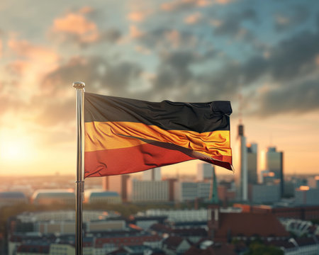 German flag waving with city skyline backdrop, symbolizing urban landscape and national prideの写真素材