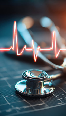 A close-up of a stethoscope intertwined with a glowing heartbeat icon against a dark digital health interface, evoking a sense of modern medical monitの写真素材