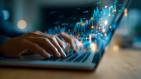A professional reviews intricate market charts on a laptop, reflecting focus and insight amid a...