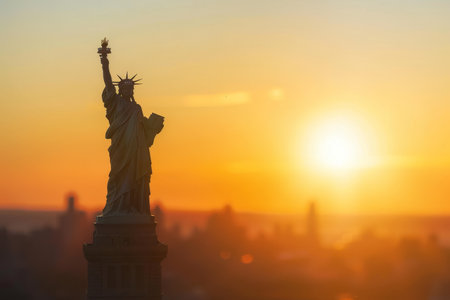 Statue of liberty at sunset in new york city, usa with manhattan skyline in the backgroundの写真素材