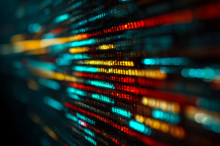 Vibrant multicolor programming language code flowing across a sleek dark monitor, evoking high-tech innovation and digital complexity.の写真素材