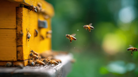 Vibrant bees buzz close to a honeycomb hive, set against a lush, blurred green backdrop, capturing...