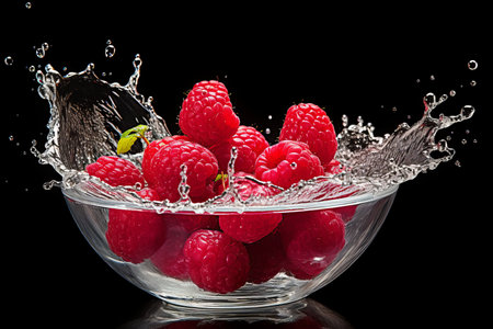 Capturing the tranquil sight of a raspberry delicately descending into a waiting bowlの写真素材