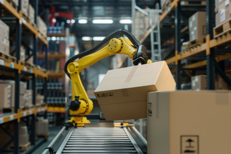 Robotic arm efficiently handling cardboard box on conveyor in warehouse storage environmentの写真素材