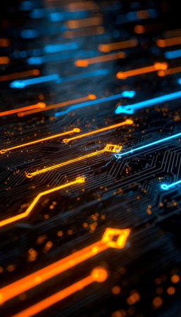 A high-tech circuit pattern illuminated by vibrant orange and blue glow, creating an ultramodern,...