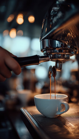 A skilled barista carefully dispenses rich espresso into a ceramic cup, capturing the cozy ambiance of a bustling coffee shop.の写真素材