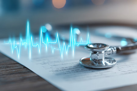 A close-up of a stethoscope atop a medical chart, illuminated by a vibrant, pulsating graph indicating vital signs for healthcare analysis.の写真素材