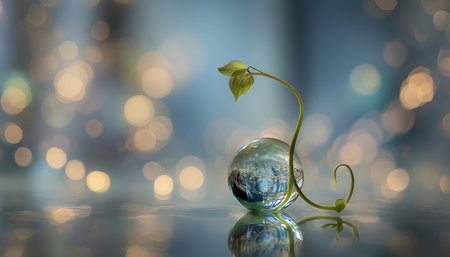 A delicate seedling pushes through a transparent globe, glowing bokeh lights create a dreamy...