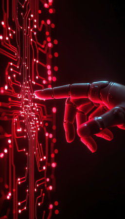 A sleek metallic robotic arm delicately taps a luminous digital circuit overlay, set against a high-tech background that suggests advanced artificialの写真素材